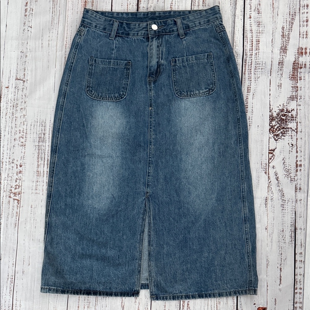 Denim Midi Skirt with Front Slit Large